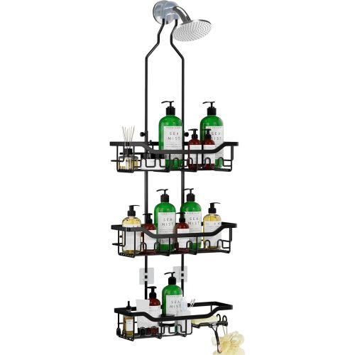Adjustable Shower Caddy Hanging, Extended Length Organizer Over Shower Head, 3 Tier Long Neck Shower Rack with Soap Holder for Large Storage, Black