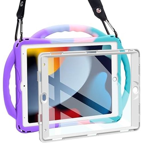 TOPESCT Kids Case for 10.2" iPad 9th/8th/7th Gen - Made of Kid-Friendly Silicone, with Built-in Screen Protector, Shockproof Handle Stand Case for iPad 9/8/7 Gen 10.2 inch (Purple-Blue)