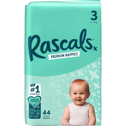 Rascals Premium Nappies Unisex Size 3 6-11kg Crawler 44pk