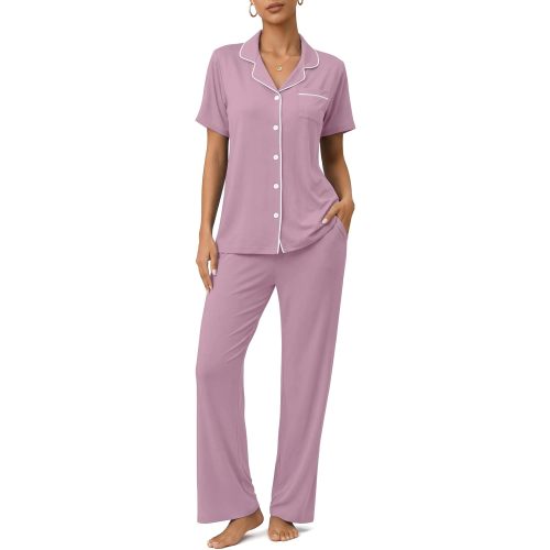 ZMJ Womens Pajamas Sets 2 Piece Button Up Pj Sets Short Sleeve with Long Pant