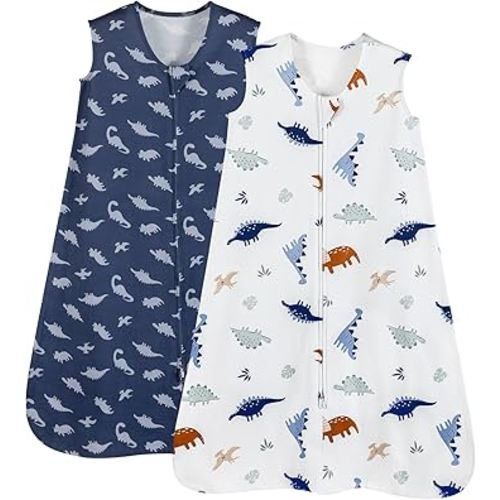 PHF 100% Organic Cotton Baby Sleep Sack, 6-12 Months Baby Wearable Blanket, 2-Way Zipper Infant Sleeping Sack for Baby Boys Girls, 2 Pack Comfy Medium Size Sleeveless Sleeping Bags, Dinosaur