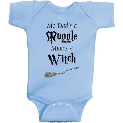 Me Dad's A Mug Mum's A Witch Funny Baby Cute Wizard Bodysuit