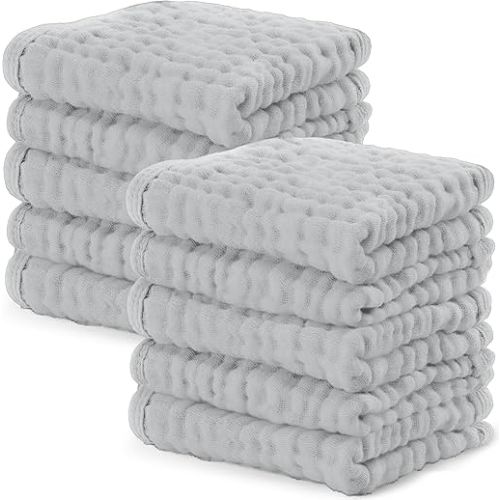 Comfy Cubs Muslin Baby Washcloths 10 Pack - Soft 6-Layer Cotton Wash Cloths for Sensitive Skin - 10"x10" Large, Gentle, Absorbent Infant Essentials for Newborn and Toddlers - Heather Blue