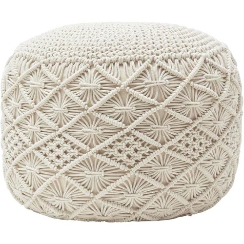 Ornavo Home Pouf Ottoman Foot Rest - 100% Cotton Pouffe - Hand Knitted Macrame Braid - Boho Round Stuffed Ottoman for Living Room, Bedroom - Natural