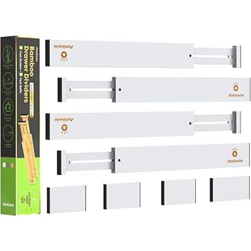 ANTOWIN Bamboo Drawer Dividers Organizers, Expandable Drawer Separators Splitter,17-22 inches Long Adjustable Spring-loaded Organizer for Large Utensil, Clothes, Tools Drawers (White)