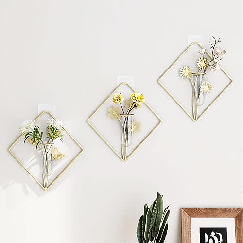 3 Piece Set Gold Metal Wall Decor, Sunflower Butterfly Daisy Hanging Wall Art with Clear Tube Vase & Artificial White Daisy, Inspired for Display Dried Faux Flowers Bathroom Living room Bedroom