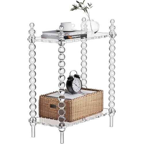 Acrylic Side Table 2-Tier, Clear Nightstand with Storage, Narrow Bedside End Table for Small Spaces (Clear, 20.7"×10.4“×25.9”)
