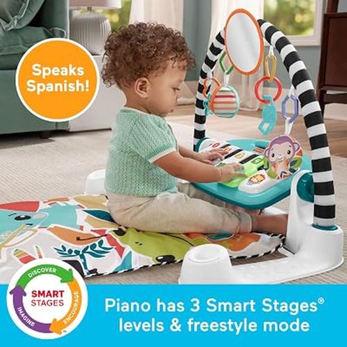 Fisher-Price Baby Activity Mat Glow & Grow Kick & Play Piano Gym, Spanish Language Version, Blue Musical Learning Toy for Ages 0+ Months (Spanish Language Only)