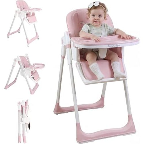 3-in-1 Baby High Chair with Wheels, 5-Point Harness, Tray, Footrest, and Backrest, Foldable and Adjustable for Toddlers 6-36 Months, Pink