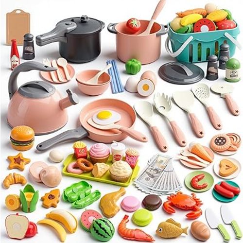 130Pcs Kitchen Playset, Toddler Pretend Cooking Play Pots, Pans, Utensils Cookware, Daily Food Fruit Veges, Shopping Storage Basket, Dessert, Prop Money, Learning Gift for Child (Pink)