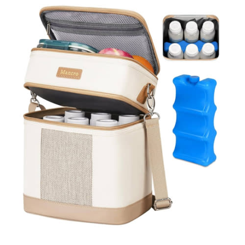 Mancro Breastmilk Cooler Bag with Ice Pack, Double Layer Insulated Baby Bottles Bag Fits 6 Bottles Up to 9 Ounces, Portable Breast Pump Cooler Travel Bag for Daycare and Nursing Moms, Beige