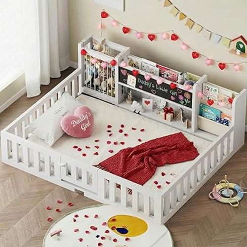 smilesun Montessori Wood Toddler Floor Bed with Door, Safety Guard Rails, Blackboard, Bedside Bookshelf & Plush Toy Storage, Low Kids Bed Frame for Boys and Girls（White Full）