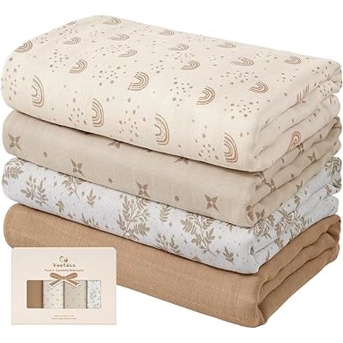 Yoofoss Couvertures à emmailloter en mousseline, lot de 4 couvertures de réception pour garçons et filles, 119,4 x 119,4 cm, couvertures pour bébé en mousseline douces et respirantes - Marron