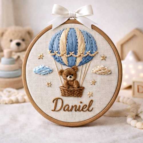 Embroidered Baby Name Sign: Bear Hot Air Balloon, Personalized Nursery Decor