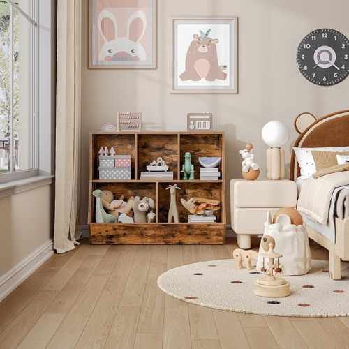 HOOBRO Kids Bookshelf, Bookcase Footboard, Toy Storage Cubby, 35.4" L Children's Toy Shelf, Toy Storage Cabinet, Fit for Children's Room, Playroom, Hallway, Kindergarten, Rustic Brown BF32CW01