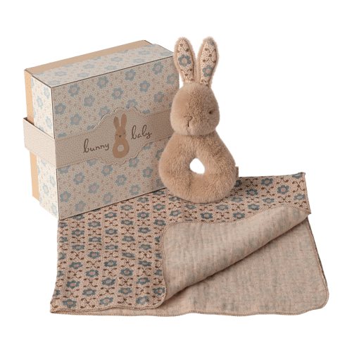 Maileg Bunny Rattle & Burp Cloth Set - Cream Peach– Odin Parker