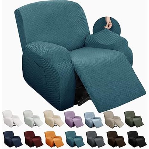 YEMYHOM 4 Pieces Stretch Recliner Slipcover Latest Jacquard Recliner Chair Cover with Side Pocket Anti-Slip Fitted Recliner Cover Couch Furniture Protector with Elastic Bottom (Recliner, Peacock Blue)
