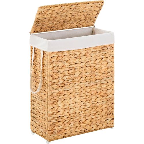 Handwoven Slim Laundry Hamper with Lid, Narrow Wicker Laundry Basket, Natural Water Hyacinth Basket and Handleswith Removable Liner Bag & 2 Mesh Bags (Natural with Lid, 55L)