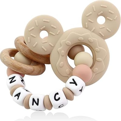 Personalized Baby Teether with Name - Custom Mouse Silicone Teether & Natural Wooden Ring for Boys & Girls - Handmade Unique Baby Shower Gift for Infants & Toddlers (Khaki)