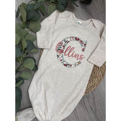Floral Monogrammed Knotted Baby Gown: Embroidered Going Home Outfit