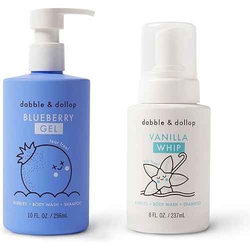 Dabble & Dollop Blueberry + Vanilla Body Wash & Shampoo - 3 in 1 Natural Bubble Bath for Kids, USA-Made, Paraben & Sulfate Free, Vegan, Gluten-Free, Tear-Free (Pack of 2)