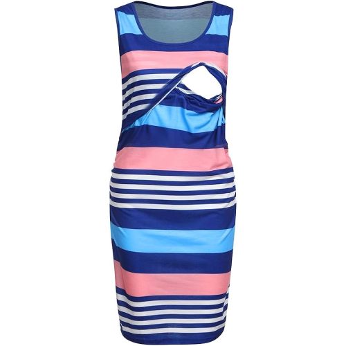 Women Maternity Sleeveless Comfy Stripe Print Dress for Breastfeeding Formal Maternity Dress (Blue, L)