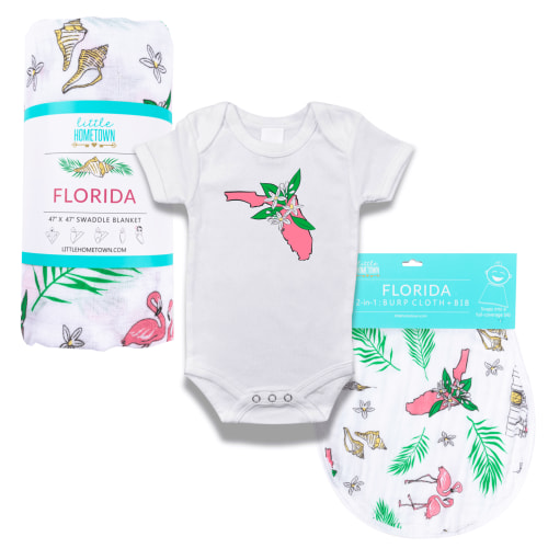 Florida Baby (Orange Blossom) Gift Bundle (Girl) Swaddle, Bib, and Onesie
