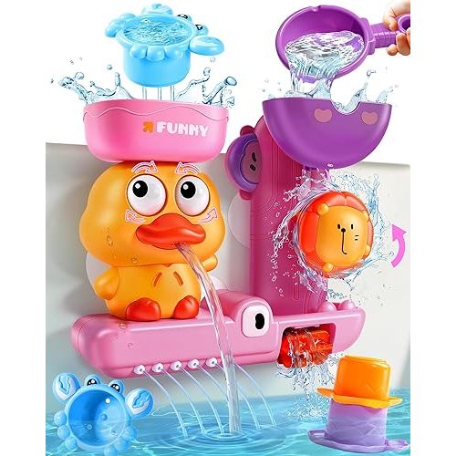 Baby Bath Toys for Kids Ages 1-3 Interactive Toddler Bath Toys Duck Learning Mold Free Shower Tub Toys for 1+ Year Old Girl Gifts with 3 Stacking Cups & 1 Water Spoon(Pink)