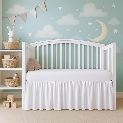 Cottington Lane White Infrant Crib Bed Skirt Dust Ruffle with Split Corner, 100% Natural Cotton Nursery Crib Toddler Bedding Skirt for Baby Girls or Boy, Fits Standard Cribs 28" x 52" with 14" Drop
