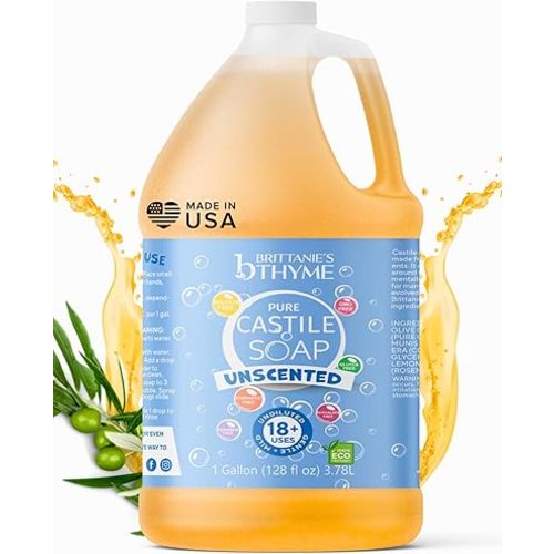 Brittanie's Pure Organic Castile Liquid Olive Oil Soap Refill, 1 Gallon Unscented | Face, Body Wash, All Purpose Cleaner, Dishes, Pets, Laundry | Vegan, Biodegradable, Made in USA