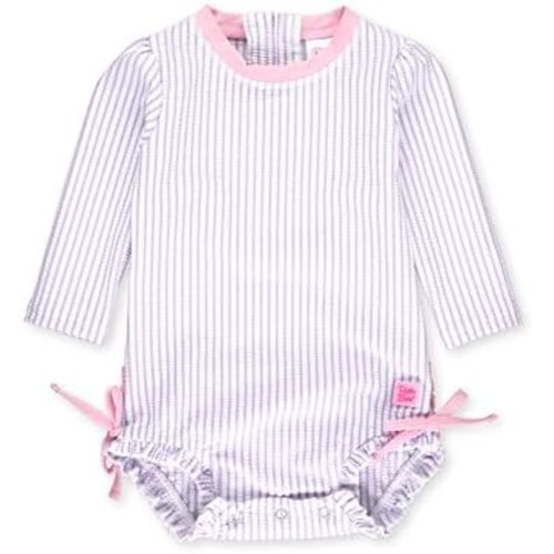 RuffleButts Baby-Girls Seersucker Long Sleeve Rash Guard - One Piece Swimsuit UPF 50+ Toddler