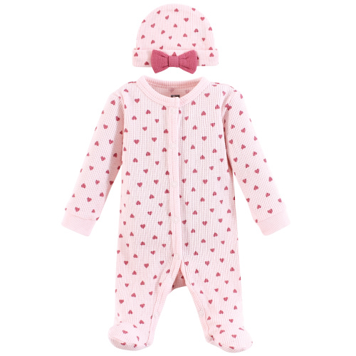 Hudson Baby Girls Thermal Preemie Sleep and Play and Cap, Pink Hearts, Preemie