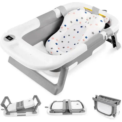 LIVINGbasics Foldable Baby Bath Tub for Infants to Toddler, Anti-Slip Portable Travel Shower Basin with Soft Support Cushion and Temperature Sensor
