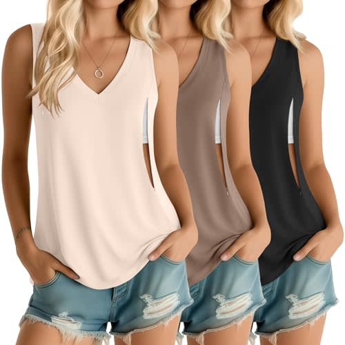 Ficerd 3 Pack Women's Nursing Tank Tops Breastfeeding Summer Hidden Zippers V Neck Sleeveless Shirts Loose Maternity Clothes