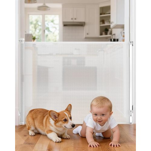 Retractable Baby Gate for Stairs, 55" Wide 38" High Pet Gate with Auto-Retract System, One-Hand Operation, Mesh Baby Gate for Doorways, Hallways, Decks, Indoor & Outdoor, White