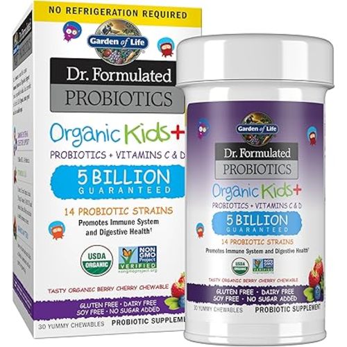 Garden of Life Kids Probiotics, Dr. Formulated Probiotics Organic Kids+ Vitamin C & D, Berry Cherry, Gluten Dairy & Soy Free Immune & Digestive Health Supplement, 30 Chewables (Shelf Stable)