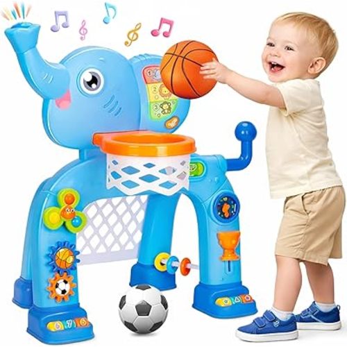 Toddler Basketball Hoop & Soccer Goal, Toys for 1 2 3 Year Old Boys Girls, Kids Sports Toy with Light Sound Music, Montessori Toys for Baby 12-18 Months, Christmas Birthday Gifts for Ages 1-3(Blue）