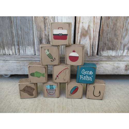Primitive Fishing Lake Mix and Match Hand Painted Stacker Mini Block Designs Pick Your Favorites GCC9807