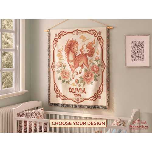 Year of the Fire Horse 2026 Baby Woven Blanket – Lunar New Year Newborn Gift – Chinese Zodiac Birth Year Keepsake – Personalized Baby Throw