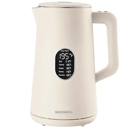 1.5L Electric Kettle Stainless Steel, Double Wall Cool Touch Teapot, Fast Boil,5 Temperature Control, LED Display, Auto Shut-Off,Keep Warm Function,Cream White