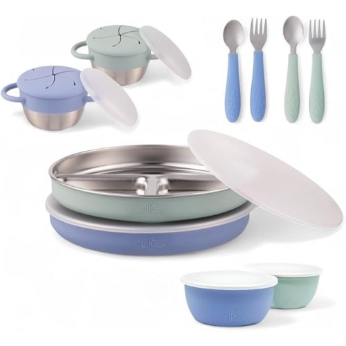 Elk and Friends Kids Stainless Steel Mealtime Bundle | Plates, Bowls, Snack Cups + Toddler Utensils | Silicone Suction Sleeves + Travel Storage Lids | For Meals + Snacks | Dishwasher Safe