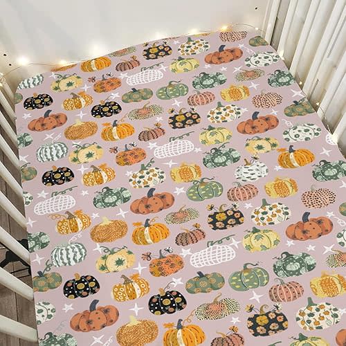 Fall Pumpkins Thanksgiving Baby Crib Sheets for Boy Girl 52"x28" Colorful Autumn Pumpkins Soft Snug Fitted Crib Mattress Cover Farm Harvest Nursery Baby Sheet for Standard Crib & Toddler Bed Mattress