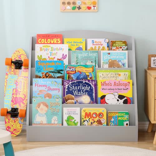 TOETOL 5-Tier Kids Bookshelf - Toddler Book Display Shelves for Classrooms, Playrooms, and Nursery - Wooden Children Book Rack (Grey)