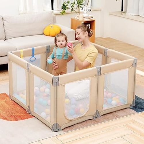 Dripex Small Foldable Baby Playpen, 49"x47" Small Space Play Yard for Travel - Portable Collapsible Play Pen for Babies, Indoor Outdoor Baby Fence, Khaki