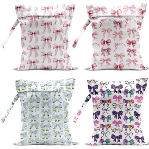 4 Pack Cute Pink Blue Bow Watercolor Leopard Bow Wet Bag Waterproof Reusable Wet Dry Bag for Swimsuit Dirty Clothes Diaper Beach Pool Gym Party Camping Gift for Women Mom Mama Birthday Christmas