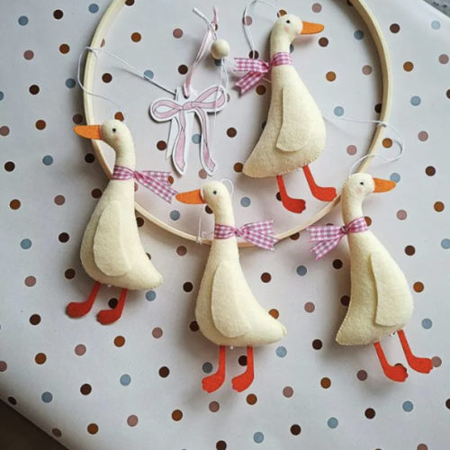 Duck Nursery - Baby Mobile Goose Pink Ribbon - Neutral Nursery Decor - Crib Mobile Handmade - Geese Baby Shower Boys/Girls - Felt Goose