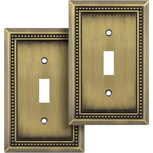 Sunken Pearls Heavy Duty Decorative Wall Plate Switch Plate Outlet Cover (Single Toggle, 2 Pack, Antique Brass)