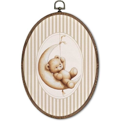 FLAWAFLOMA Vintage Bear Nursery Oval Wall Art Decor, Kids Room Canvas Wall Art Framed, Bear Sleep Hanging Decorations for Kids Toddler Boy Girl Nursery Room Playroom Decor, 8.6x11.4 Inch