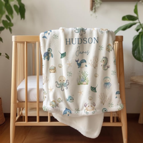 Under the Sea Baby Blanket Personalized Ocean Baby Blanket Sea Creature Nursery Gift Hospital Receiving Keepsake