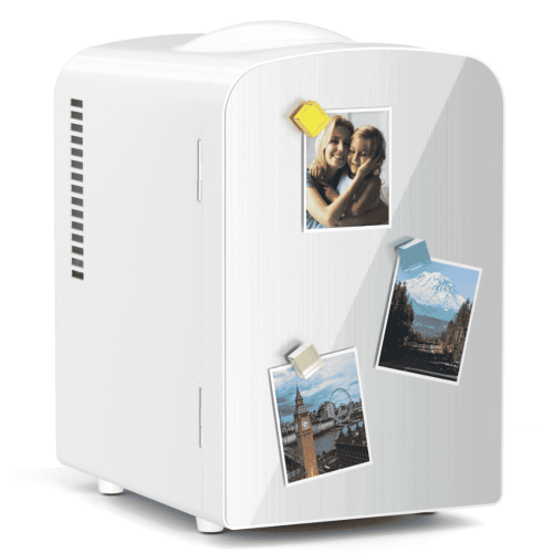 Auseo Mini Fridge Cooler Personal, Countertop, 4L/6 Cans, Warmer & Cooler, Front Door Stainless Steel, Fridge Magnet(Freebies), Option for Skincare, Makeup, Drinks, Dorm Room, Elegant White